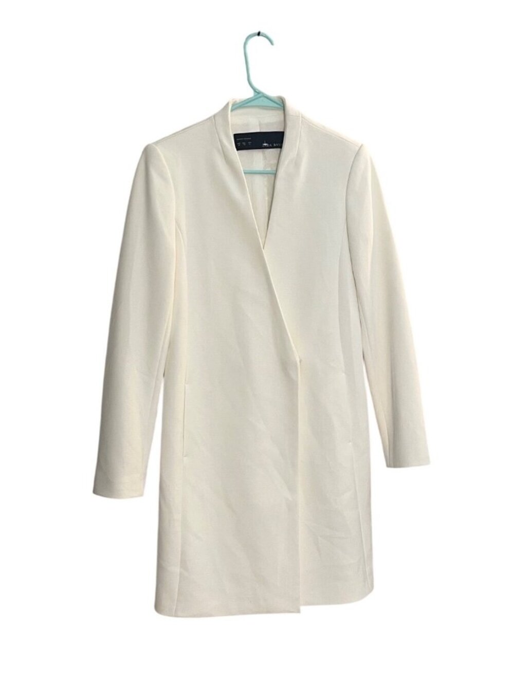 Zara Basic Long Straight Frock Coat XS V-Neck Wrap Front off-white Mid-Thigh